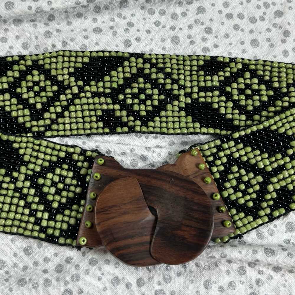 Vintage Stretchy Beaded Belt with Wooden Buckle